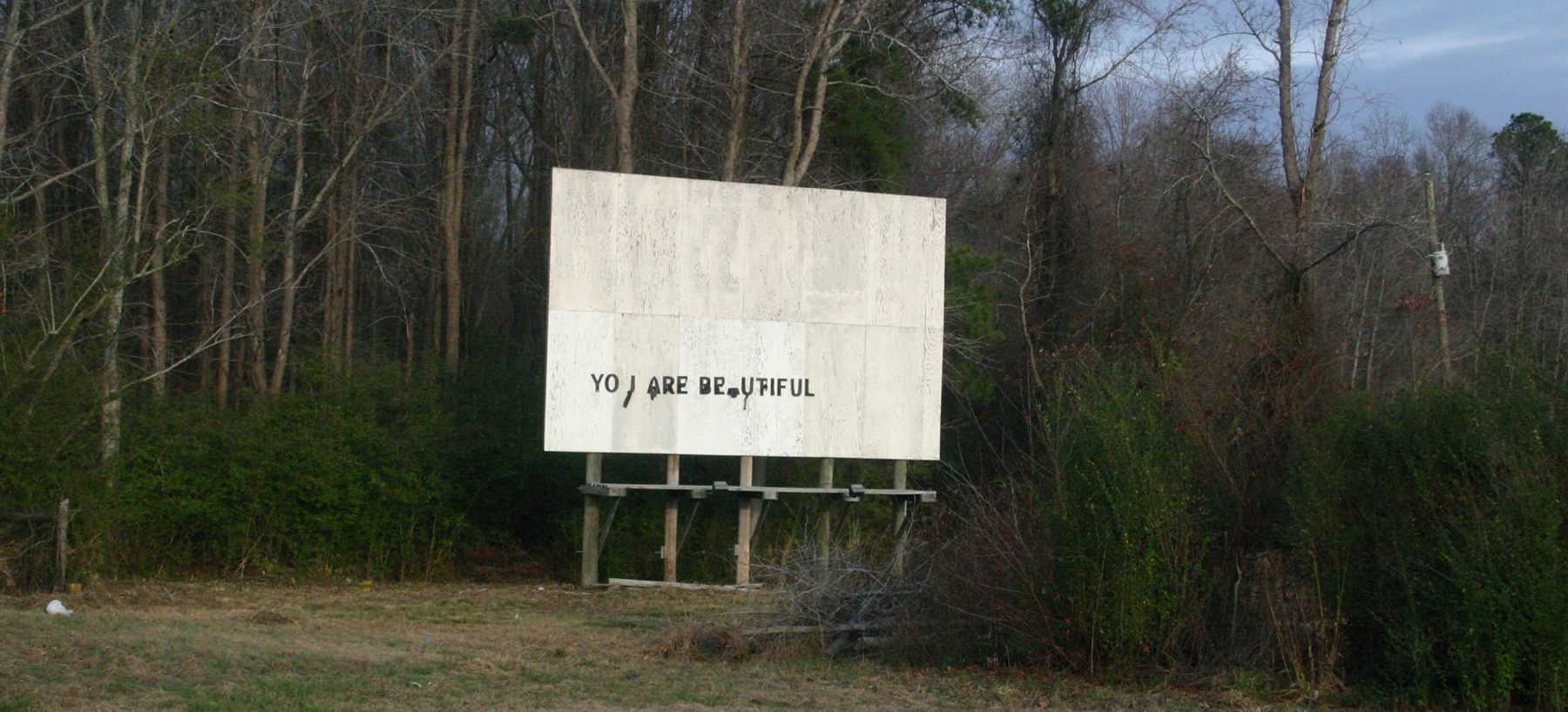 A large blank plywood billboard standing on wooden legs in bare winter woodland, with the words YOU ARE BEAUTIFUL hand-stencilled small and low across it.