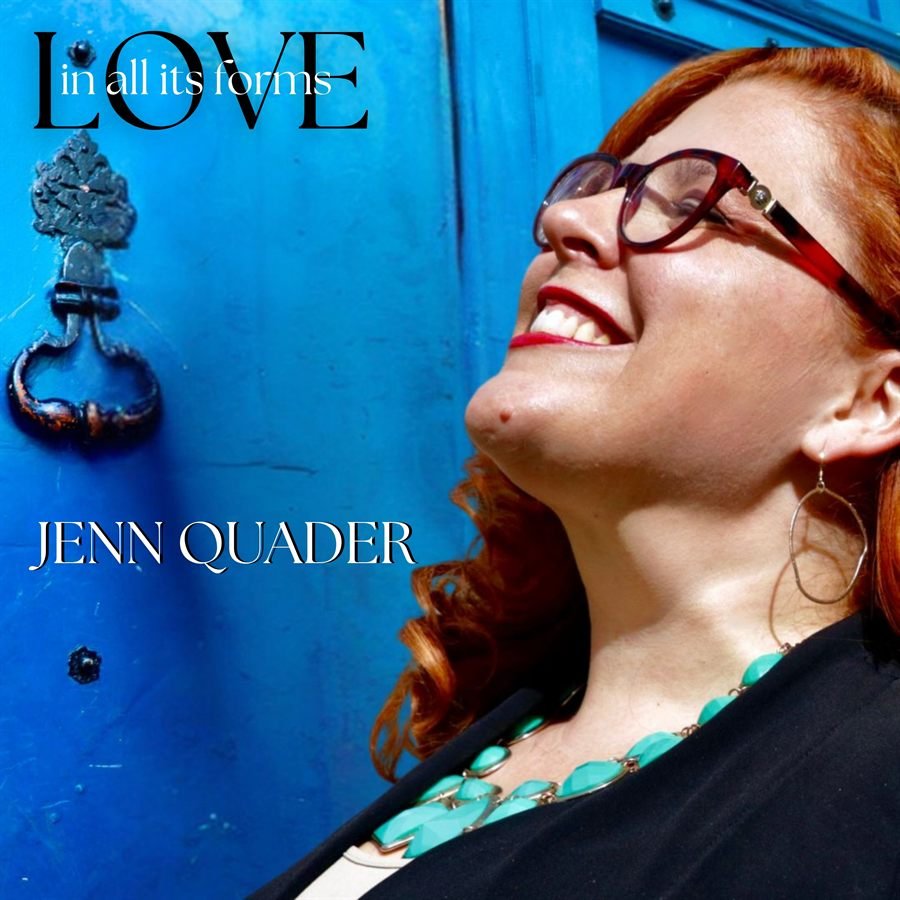 The cover of Love In All Its Forms: Jenn Quader laughing, head tipped back, against a bright blue door with an iron knocker.