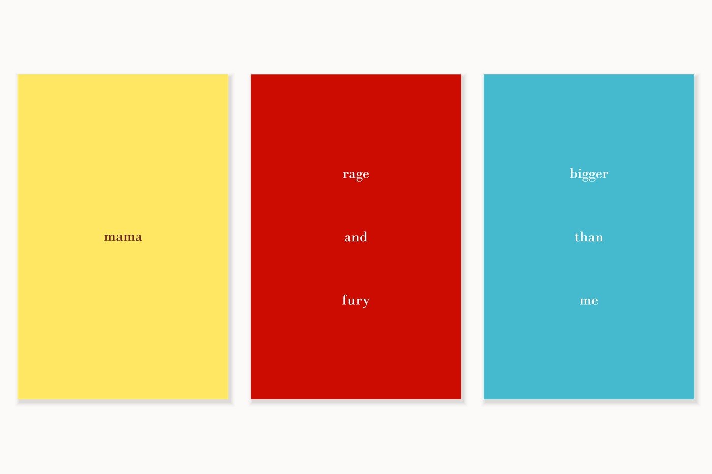 The three Love Lives Within paperbacks side by side: mama in yellow, rage and fury in red, bigger than me in turquoise, each with its title set small and centred.