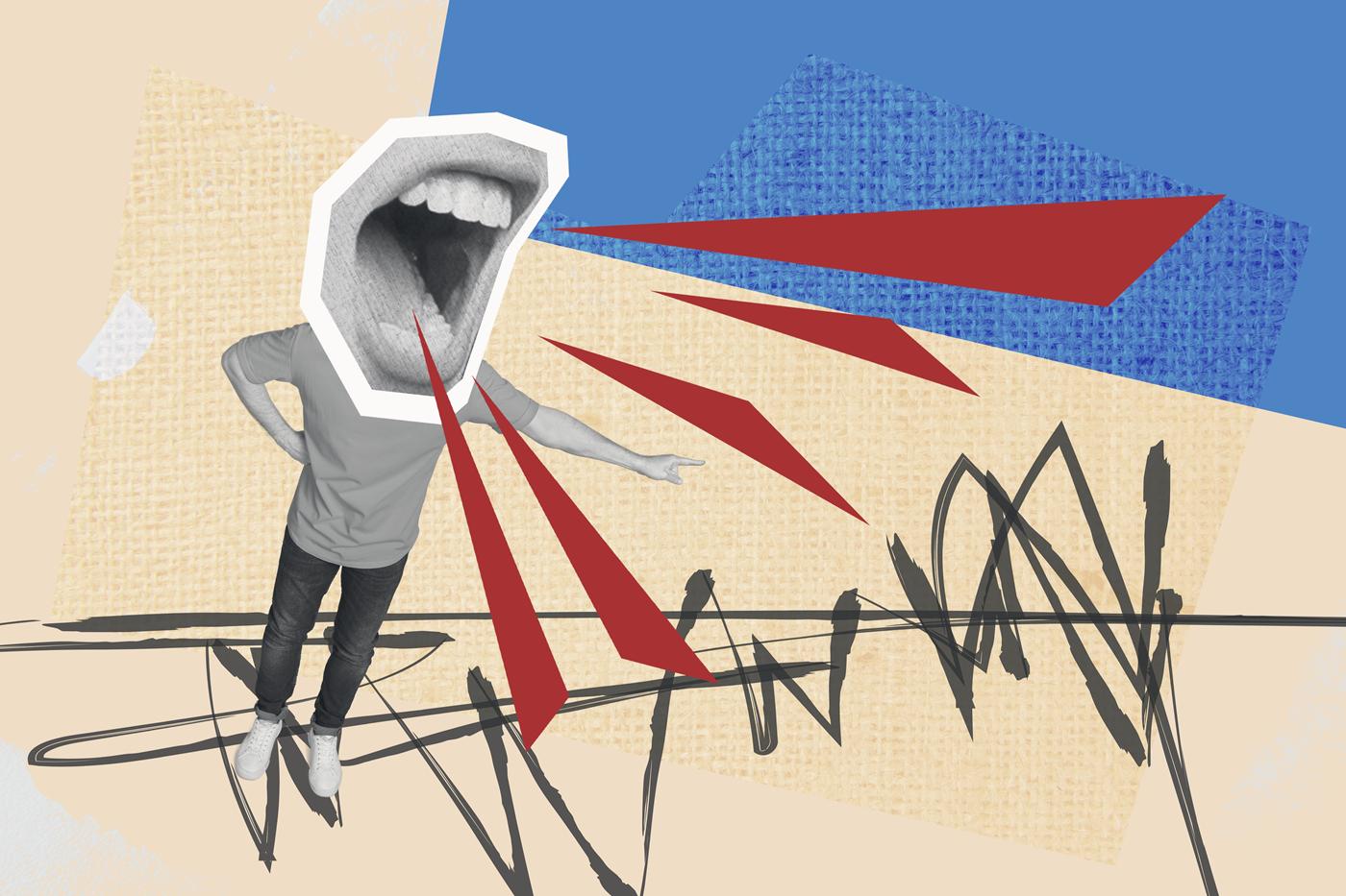 A collage: a figure whose head has been replaced by an enormous open mouth, red shards flying out of it across a scribbled background.