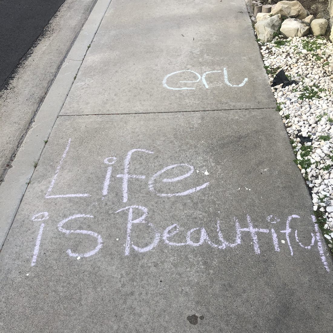 The words Life is Beautiful written in blue chalk on a sidewalk beside a border of white stones.